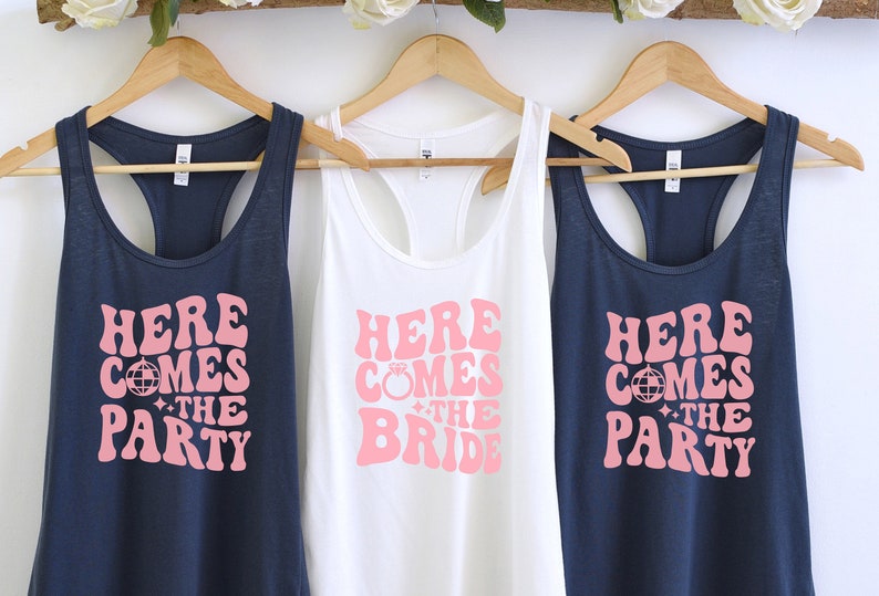 Retro Disco Bachelorette Party, Disco Bride, Bridesmaid Group Tank Top, Here Comes The Party, Wedding Group Racerback Tank top, Bride Party image 5