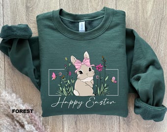 Happy Easter Sweatshirt, Floral Bunny Crewneck, Funny Easter Sweatshirt, Cute Rabbit Shirt, Womens Easter Gifts, Bunny with Flower Shirt