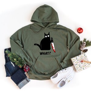 Halloween sweatshirt, Black cat shirt, Black cat Hoodie, Cat with knife shirt, Funny Halloween shirt, Murder cat, Women's Halloween shirt image 1