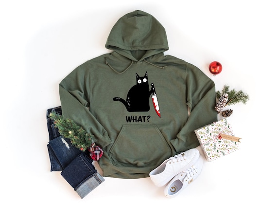 Halloween sweatshirt, Black cat shirt, Black cat Hoodie, Cat with knife shirt, Funny Halloween shirt, Murder cat, Women's Halloween shirt