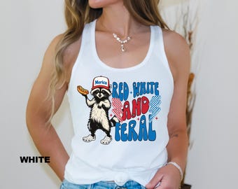 Red White and Feral Tank Tops, Funny Raccoon Tops, 4th Of July Tank Tops, Feral Tank Tops, Hotdog Raccoon Tank Tops, Patriotic Merica Tops