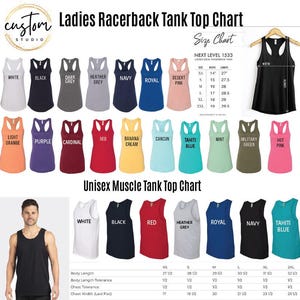 The image is a top chart of various ladies racerback tank tops, along with a size chart and a unisex muscle tank top chart.