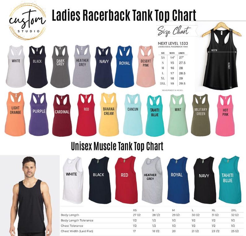 The image is a top chart of various ladies racerback tank tops, along with a size chart and a unisex muscle tank top chart.