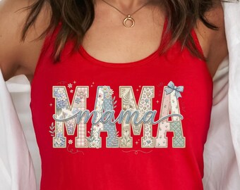 Boho Floral Mama Tank Tops, Faux Yarn Effect Graphic Mom  Tank Tops, Cute Mom  Tank Tops, Flower Mama Gift, Aesthetic Mom Shirt