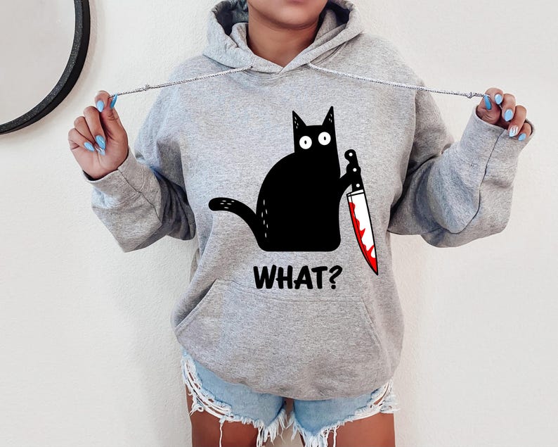 Halloween sweatshirt, Black cat shirt, Black cat Hoodie, Cat with knife shirt, Funny Halloween shirt, Murder cat, Women's Halloween shirt image 2