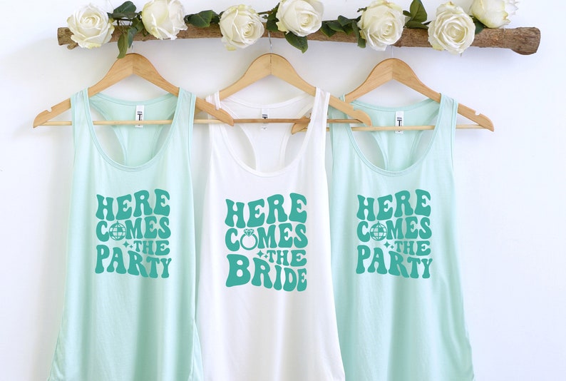 Retro Disco Bachelorette Party, Disco Bride, Bridesmaid Group Tank Top, Here Comes The Party, Wedding Group Racerback Tank top, Bride Party image 6