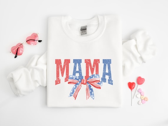 Patriotic Mama Sweatshirt,  Mama American Flag Bow Shirt, Mothers Day Gift , Baby Announcement, 4th of July Mom Shirt, Red White Blue Top