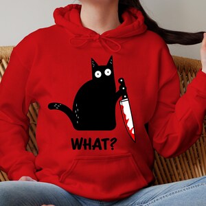 Halloween sweatshirt, Black cat shirt, Black cat Hoodie, Cat with knife shirt, Funny Halloween shirt, Murder cat, Women's Halloween shirt image 3