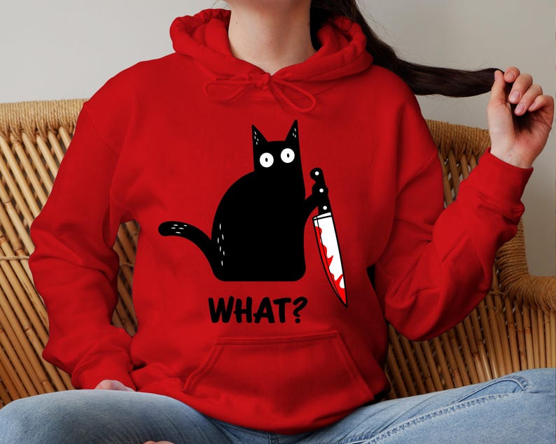 Halloween sweatshirt, Black cat shirt, Black cat Hoodie, Cat with knife shirt, Funny Halloween shirt, Murder cat, Women's Halloween shirt image 3