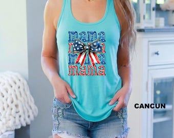 Patriotic Mama Tank Top, 4th of July USA Shirt, Independence Day, Mom Outfit, American Flag Bow Summer Sleeveless Tee,  Freedom Mom Gift