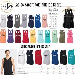 The image is a top chart of various ladies racerback tank tops, along with a size chart and a unisex muscle tank top chart.
