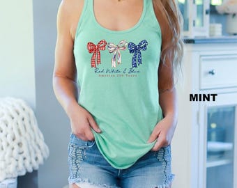 Funny USA 4th of July Tank Tops,  USA Independence Day Tank Tops, 1776-2026 Bow Patriotic Tank Tops, American Flag Tank Tops