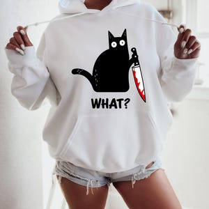 Halloween sweatshirt, Black cat shirt, Black cat Hoodie, Cat with knife shirt, Funny Halloween shirt, Murder cat, Women's Halloween shirt image 4