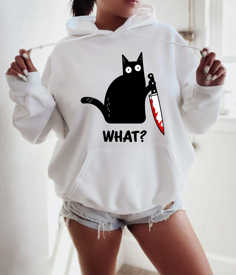 Halloween sweatshirt, Black cat shirt, Black cat Hoodie, Cat with knife shirt, Funny Halloween shirt, Murder cat, Women's Halloween shirt image 4