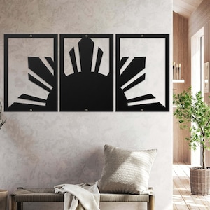3-Panel Metal Sunshine Wall Art, Large Filipino Sun Steel Décor, Minimalist Gift for Home or Office,  Large Metal Half Sun Silhouette Art