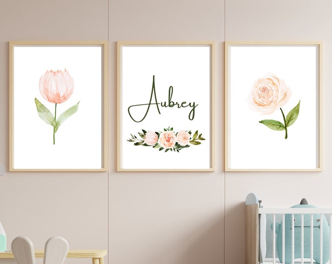 nursery wall art decor, light pink floral, pale pink floral, name art, minimalist, 11x14, set of 3 prints included, customizable, no frames