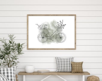 Modern farmhouse minimalist bicycle wildflower wall art, single print, minimalist, modern farmhouse decor, printable, frame not included