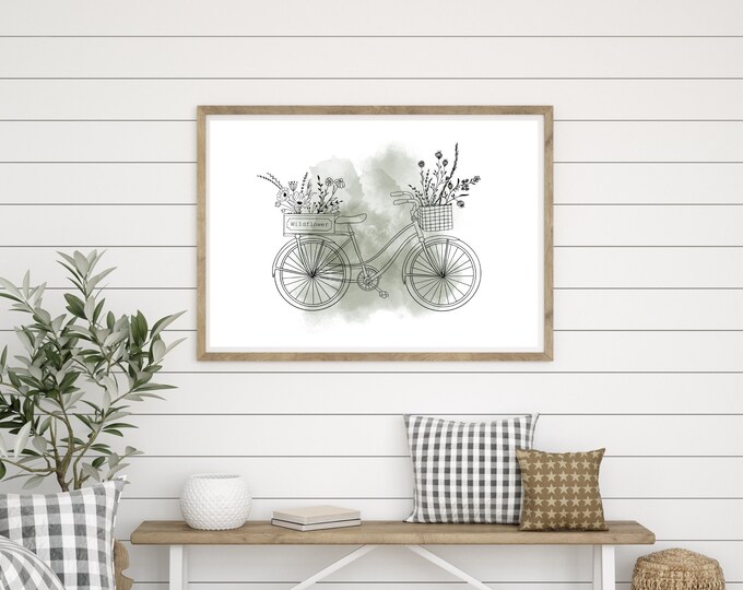 Modern farmhouse minimalist bicycle wildflower wall art, single print, minimalist, modern farmhouse decor, printable, frame not included