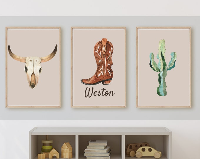western rodeo country room decor, wall art, cactus, cowboy boots, wagon 11x14, set of 3 prints included, customizable, frame not included