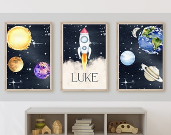Space wall art, rocket ship, astronauts, sun and moon and stars, planets, earth, 11x14, set of 3 prints,customizable, frame not included