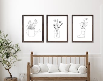 Modern farmhouse wildflowers in black and white, set of 3 prints, simple, minimalist, modern farmhouse decor, frames not included
