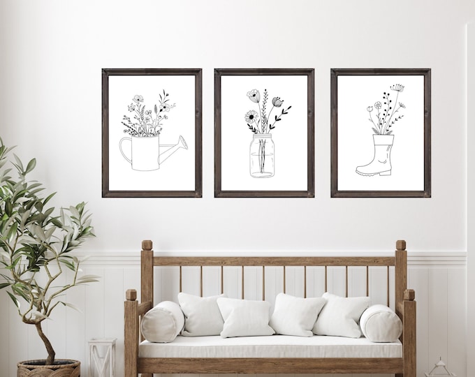 Modern farmhouse wildflowers in black and white, set of 3 prints, simple, minimalist, modern farmhouse decor, frames not included