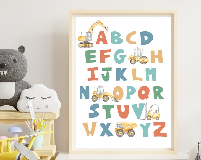 ABC Construction truck wall art, alphabet wall art, PRINTED and shipped bedroom decor, dump truck, excavator, 11x14, frame not included