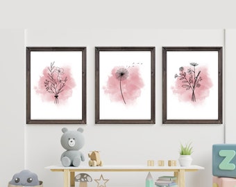 Minimalist wildflowers in black and white with watercolor pink background, set of 3 prints, simple, minimalist, flower line art wall decor