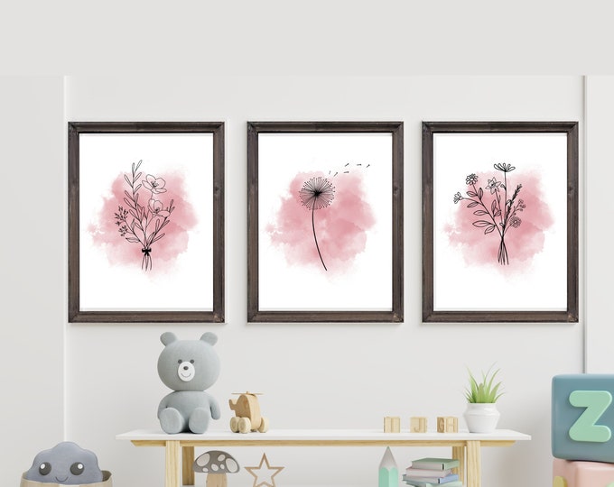 minimalist wildflowers in black and white with watercolor pink background, set of 3 prints, simple, minimalist, frames not included