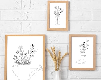 Modern farmhouse wildflowers in black and white, set of 3 prints, simple, minimalist, modern farmhouse decor, frames not included