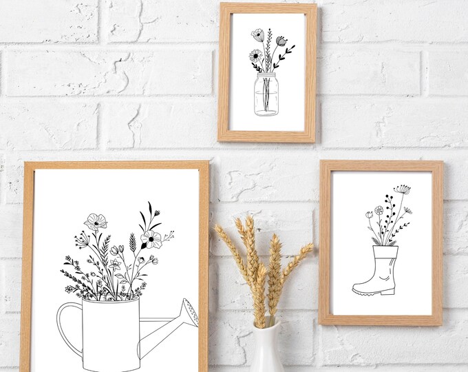 Modern farmhouse wildflowers in black and white, set of 3 prints, simple, minimalist, modern farmhouse decor, frames not included