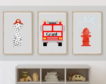 fire truck room decor, wall art, fire truck with name, fire hydrant, Dalmatian fire dog, 11x14, set of 3 prints included, customizable