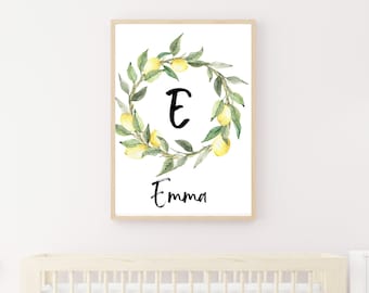 Lemon Wreath Nursery Print, Customizable Initial & Name (Digital Download)