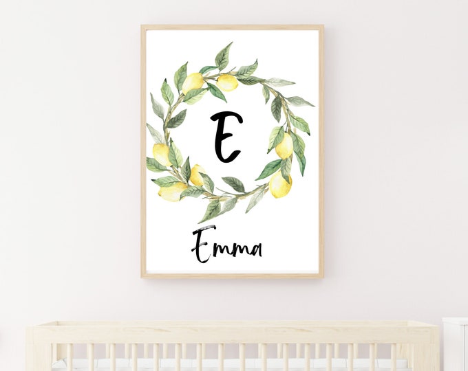lemon wreath and name themed baby girl nursery or bedroom decor, 11x14, customizable for initial and name