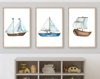 sail boat room decor, sail boat wall art, nautical bedroom decor, fishing ship wall art, deep sea, set sail, ocean, 11x14, set of 3 prints
