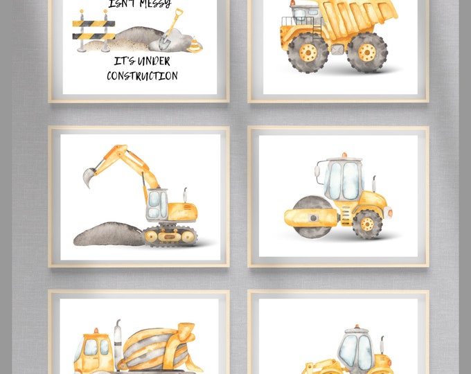 Construction truck room decor, wall art, dump truck, excavator, under construction, 11x14, set of 6 prints included, frame not included