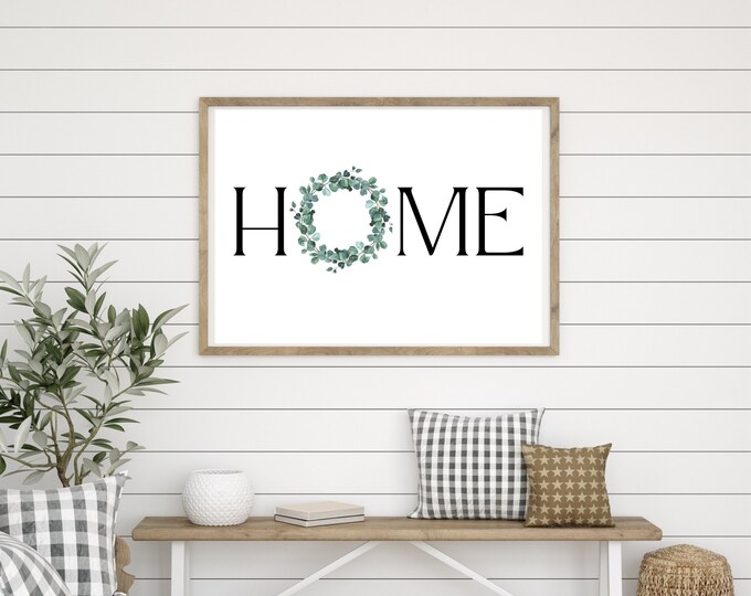 Modern farmhouse HOME sign with greenery wreath, single print, simple, minimalist, modern farmhouse decor, printable, frame not included