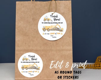 Construction truck round party favor tags or stickers, thank you for celebrating the birthday boy, it was loads of fun! dump truck,excavator