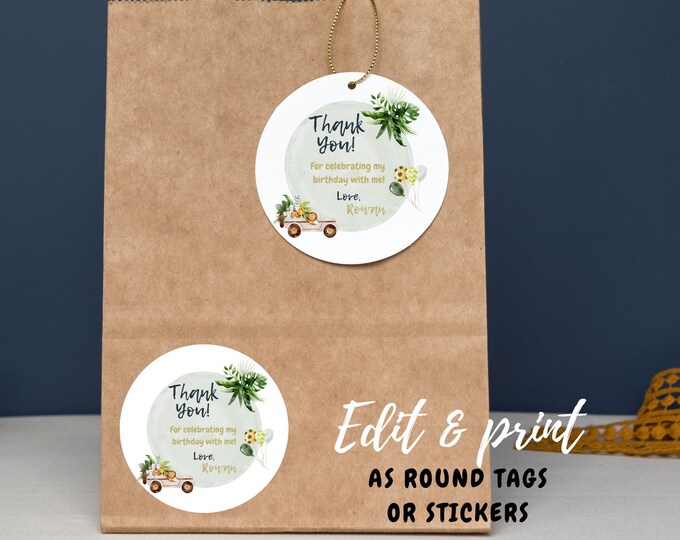 Party animal safari animal zoo animal theme round party favor tags or stickers, thank you for celebrating my birthday with me