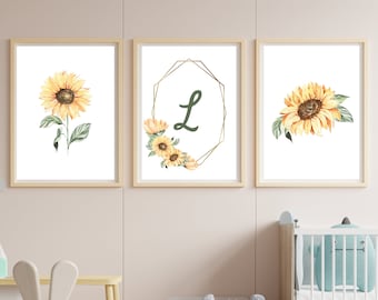 nursery wall art decor, sunflower and gold frame with baby's initial, minimalist, 11x14, set of 3 prints included, customizable, no frames