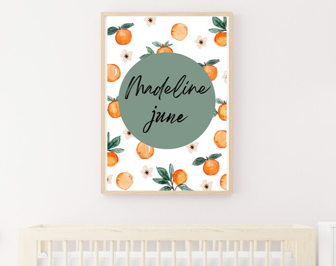 sweet clementine tangerine nursery wall art decor with baby's name, watercolor clementine orange tangerine, 11x14, customizable