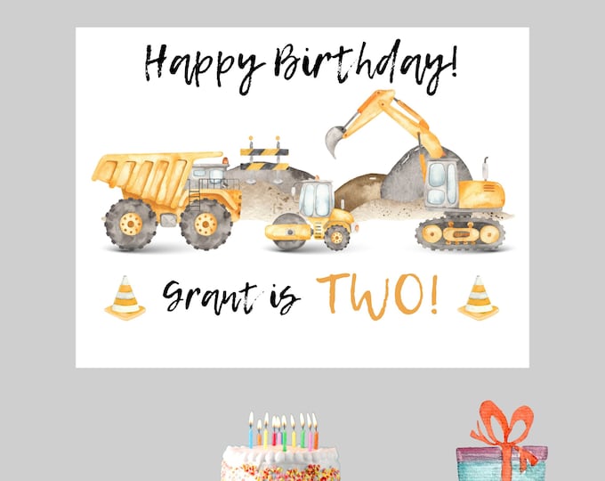 Construction Backdrop for birthday party, birthday wall banner, dump truck, excavator, bulldozer, dirt, trucks, boy birthday, party decor