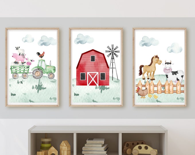 farm, barn, tractor, farm animals room decor, wall art, country room, rustic, 11x14, set of 3 prints included, frame not included