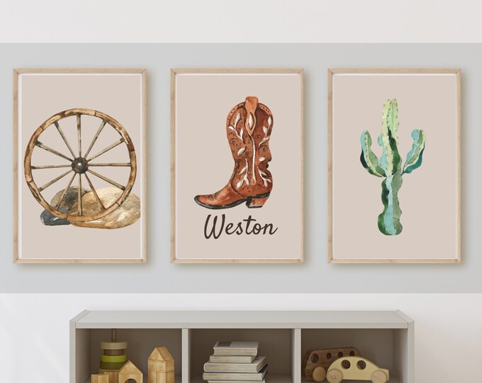 western rodeo country room decor, wall art, cactus, cowboy boots, wagon 11x14, set of 3 prints included, customizable, frame not included
