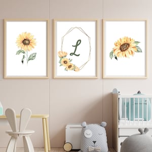 nursery wall art decor, sunflower and gold frame with baby's initial, minimalist, 11x14, set of 3 prints included, customizable, no frames