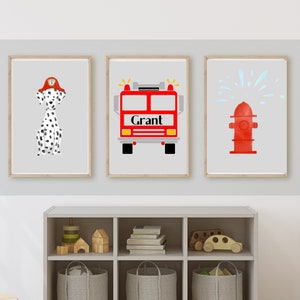 fire truck room decor, wall art, fire truck with name, fire hydrant, Dalmatian fire dog, 11x14, set of 3 prints included, customizable