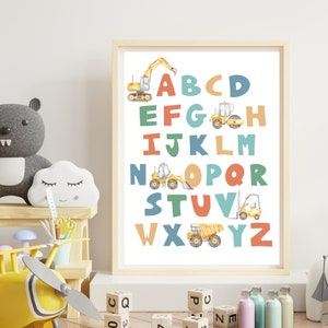 ABC Construction truck wall art, alphabet wall art, PRINTED and shipped bedroom decor, dump truck, excavator, 11x14, frame not included