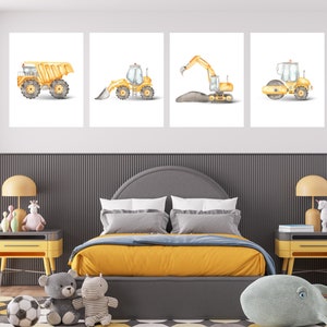 Construction truck room decor, wall art, dump truck, excavator, bulldozer, 8x10, set of 4 digital prints, customizable, frame not included