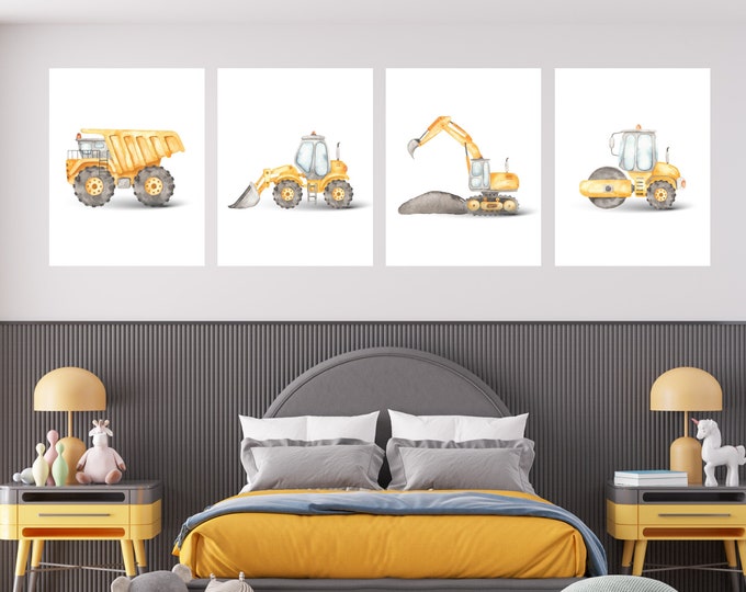 Construction truck room decor, wall art, dump truck, excavator, bulldozer, 8x10, set of 4 digital prints, customizable, frame not included