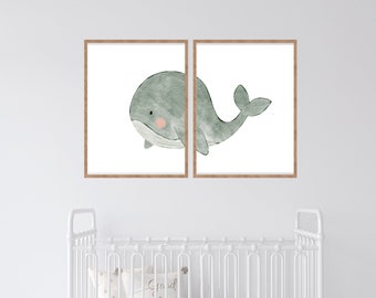 Whale Nursery Prints, Coastal Ocean Wall Art, Set of 2 (Digital Download)